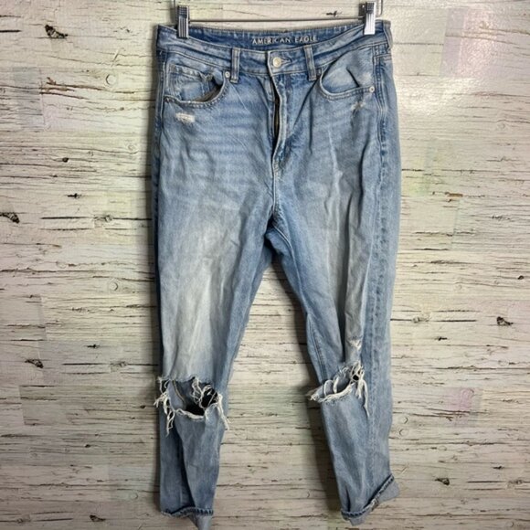 American Eagle Outfitters High Rise Blue Distressed Jeans size 8 mom x-long - Picture 1 of 10